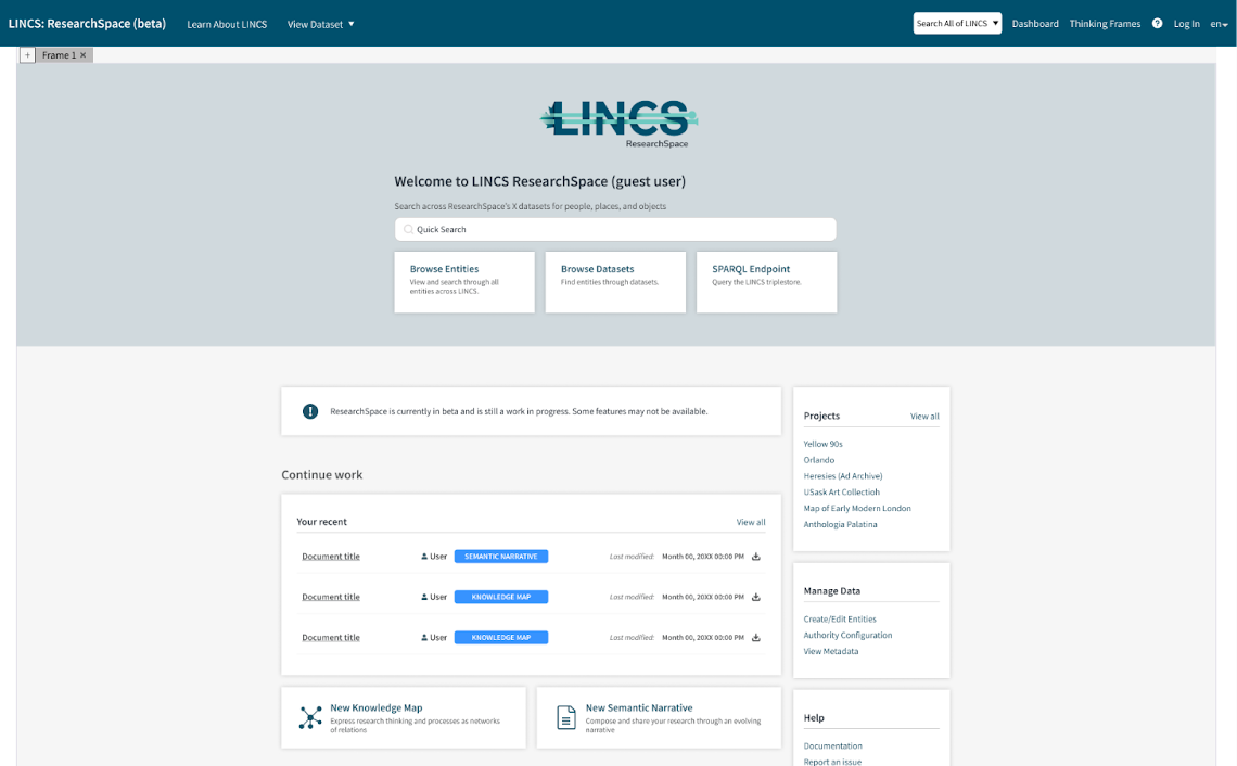 The LINCS ResearchSpace beta website, presenting the three main features on the home page.